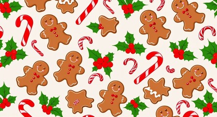 Fototapeta premium A charming design with gingerbread men candy canes and holly leaves in bright cheerful colors for a sweet holiday feel