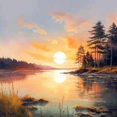 A beautiful lake painting with the sun setting over a summer evening skyline, local forest and woodlands and the reflections of the sky