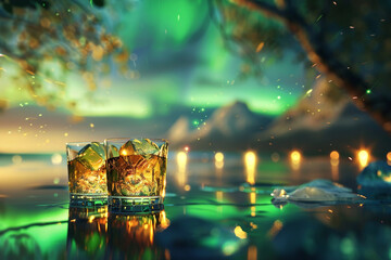 Two whiskey glasses in a forest background, aura green lights 