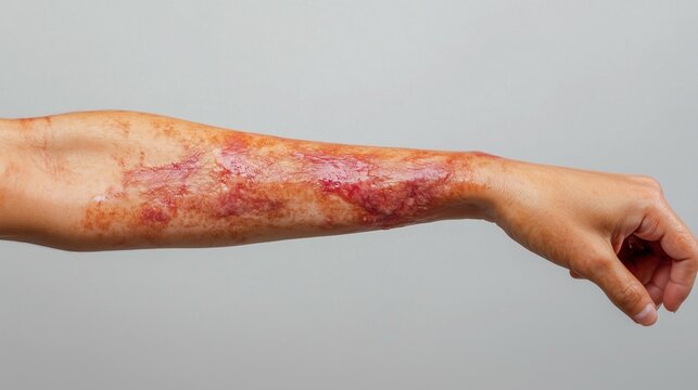 person hand with skin injury red burns wounds due to chemical reaction 