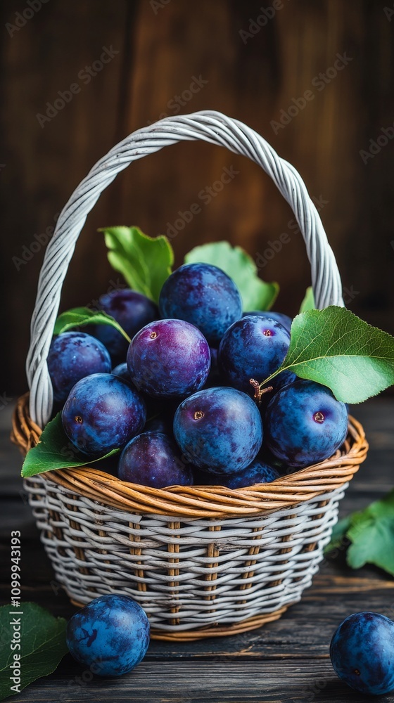 Canvas Prints Fresh harvested plums in a woven basket resting on a wooden table