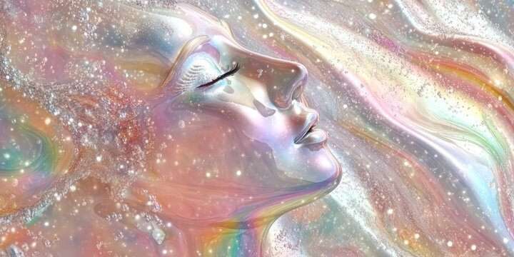 close-up of a spiritual face, holographic shapes and curved planes