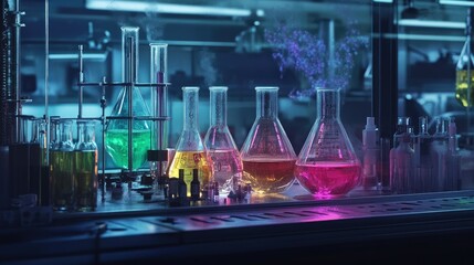 Colorful Chemical Lab Setup with Beakers and Flasks in Action