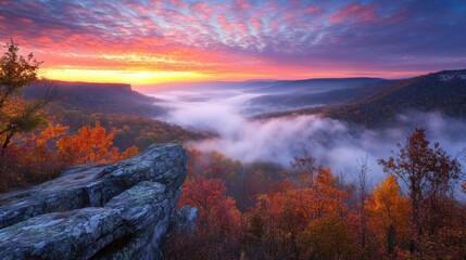 Autumn Sunrise Over Foggy Mountain Valley Landscape