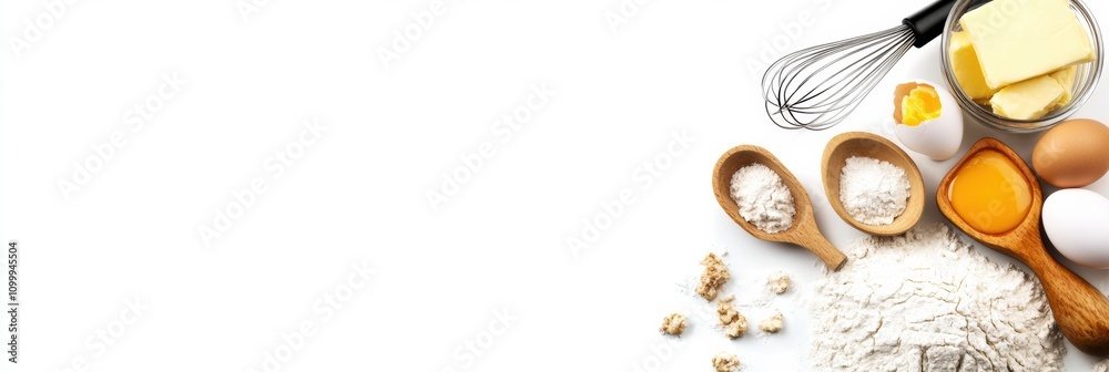 Aufkleber flour, eggs, butter, and a whisk are neatly arranged on a white background, leaving room for additio