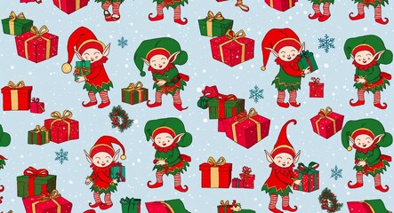 A pattern featuring little elves preparing presents set against a snowy background ideal for a fun and festive Christmas gift