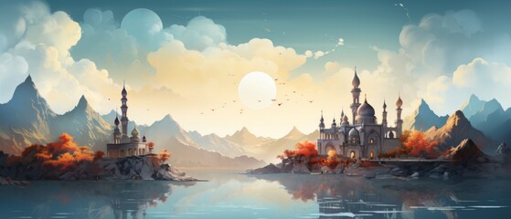 Obraz premium Serene Ramadan Watercolor Painting with Scenic Background and Mosque