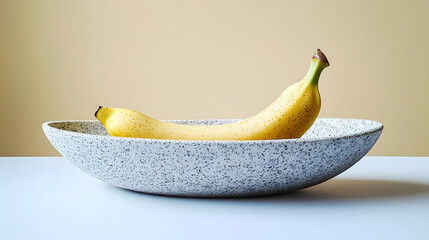 A single ripe yellow banana in a speckled oval bowl on a white table.