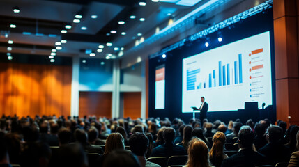 A grand conference hall filled with business professionals, large banners displaying industry trends, and keynote speakers addressing a captivated audience