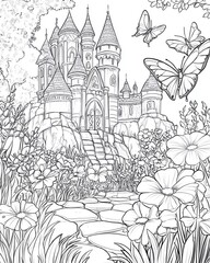 Fototapeta premium A whimsical castle surrounded by flowers and butterflies.