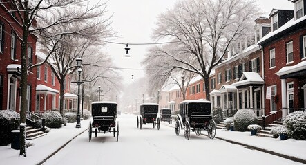 Naklejka premium A snowy street scene with houses carriages and a light dusting of snow on trees for a nostalgic holiday vibe