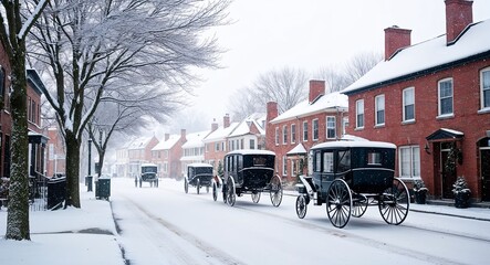 Naklejka premium A snowy street scene with houses carriages and a light dusting of snow on trees for a nostalgic holiday vibe