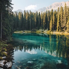 Serene Mountain Lake Surrounded by Lush Evergreen Forest Reflecting in Calm Waters