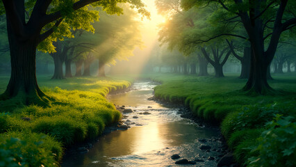 Obraz premium Serene Landscape with Meandering Stream and Sunlit Trees