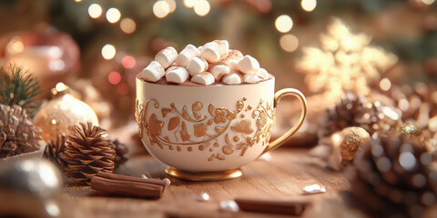 Fototapeta premium Festive hot chocolate with marshmallows in elegant cup on wooden table with christmas decorations