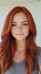 Fototapeta premium Young woman with vibrant red hair and freckles poses confidently indoors