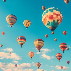 Obraz premium Vibrant Hot Air Balloons Floating in Serene Blue Sky with Wispy Clouds