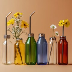 Vibrant Glass Vases with Blooming Yellow Flowers in Rustic Still Life Display