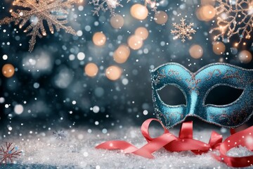 Sparkling blue masquerade mask with ribbons and snowflakes during a winter celebration