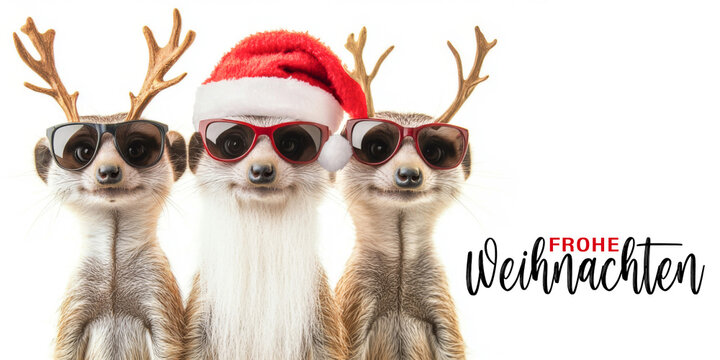 Frohe Weihnachten Urlaub Winter Gru&szlig;karte mit deutschem Text - S&uuml;&szlig;e Erdm&auml;nnchen mit Weihnachtsmannm&uuml;tze und Sonnenbrille, isoliert auf weissem Hintergrund