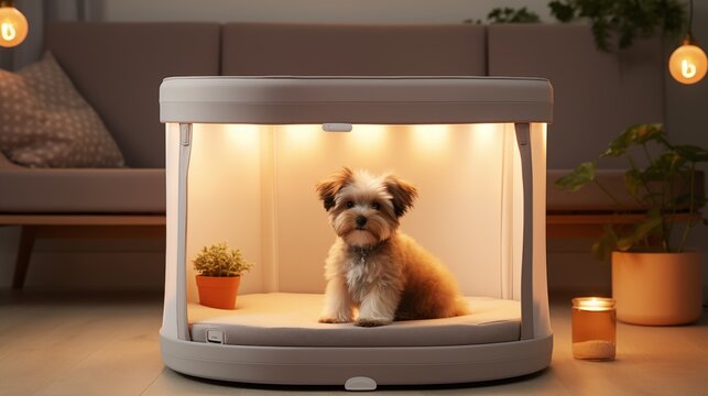 Pet playpen with a soft background ambient light space on the right,generative ai illustration