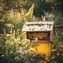 Wooden Beehive in Lush Flower Garden with Buzzing Bees Collecting Nectar