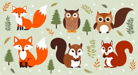 Fototapeta premium Illustrations of friendly woodland creatures like foxes owls and squirrels on a soft nature inspired background