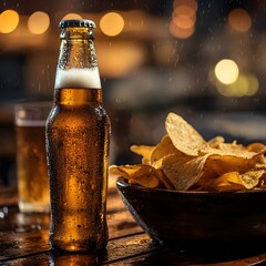 A Chilled Glass Bottle of Beer with Crispy Potato Chips on a Rustic Wooden Table