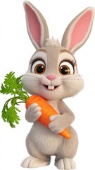 Obraz premium Cute bunny holding a carrot with a happy expression.