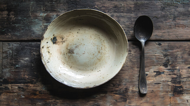 An empty, worn-out bowl with a tarnished spoon on a rustic wooden table, symbolizing poverty and hunger