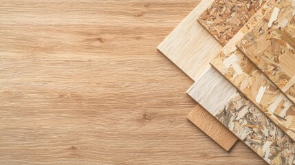 Various textured wood and cork samples arranged on a wooden surface, showcasing natural materials for design inspiration.