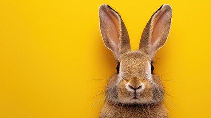 Obraz premium Close-up of a cute brown rabbit with large ears against a bright yellow background, capturing its detailed fur and expressive eyes in stunning clarity and focus.