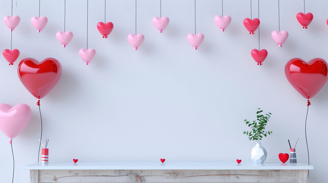 Office table dest with hearts on it and heart-shaped balloons and copy space empty place for desk. Valentine's Day and love celebration concept. Celebration of romantic spirit.
