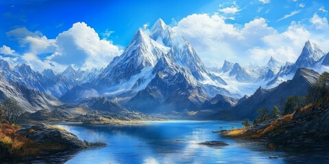 Fototapeta premium Breathtaking mountains scenery accompanied by a vibrant blue sky creates a stunning natural landscape. This captivating mountains scenery invites awe and admiration from all who behold it.