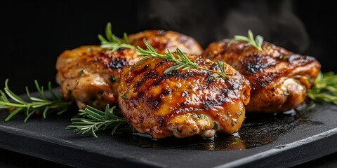 Fototapeta premium Grilled chicken thigh fillet with herbs creates a delightful smoky flavor on a hot plate, showcasing the succulent chicken thigh fillet in a dramatic black background.