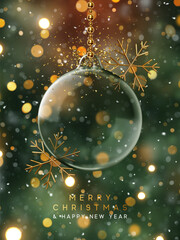 Merry Christmas and Happy New Year dark green background. Elegant glass Christmas ornament with golden snowflakes ,hanging on gold ribbon from beads, shimmering bokeh lights. Vector illustration