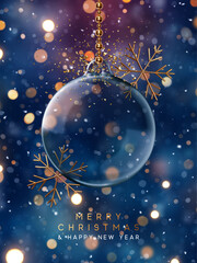 Merry Christmas and Happy New Year dark blue background. Elegant glass Christmas ornament with golden snowflakes ,hanging on gold ribbon from beads, shimmering bokeh lights. Vector illustration