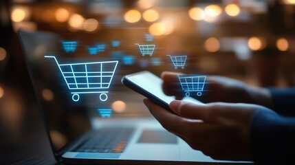 Online Shopping Cart Icons Appear On Phone And Laptop