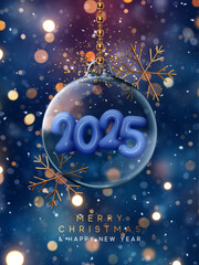 Merry Christmas and Happy New Year dark blue background. Hanging Elegant glass Christmas ornament with golden snowflakes, shimmering bokeh lights and Inside the numbers 2025 . Vector illustration