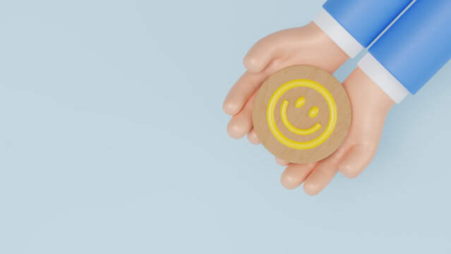 3D hand holding happy smile face emotion, good feedback rating,positive customer review, experience, satisfaction survey ,world mental health day, Compliment Day. Positive Thinking concept. 3d render