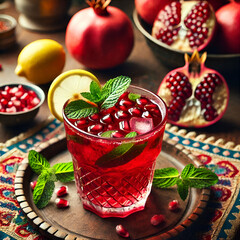 Pomegranate fresh juice glass and healthy soft drink