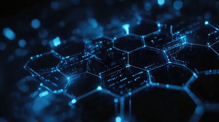 Obraz premium Abstract hexagonal digital grid in black and blue tones, with light points at each node to signify data nodes