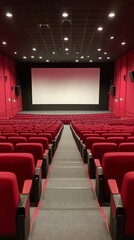 Fototapeta premium Rows of empty red theater seats leading to a blank screen in a modern cinema