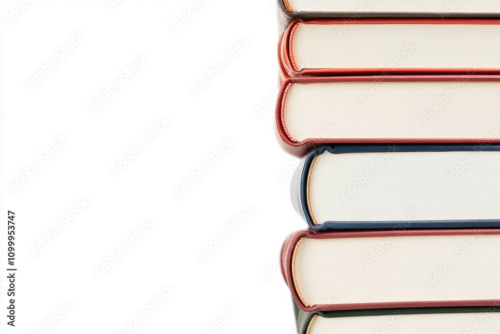 Poster Various books of multiple genres are neatly stacked on a bright white background, emphasizing their colorful spines and covers. Generative AI