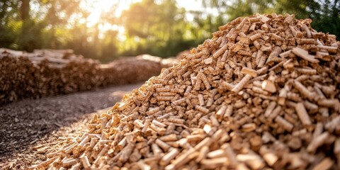 Wood chips stacked for creation into wood pellet fuel, representing a byproduct of the lumber industry while serving as a renewable resource in sustainable energy production.