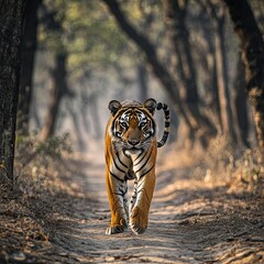 Obraz premium wild royal bengal female tiger or panthera tigris or tigress walking head on portrait with tail up on forest track in wildlife safari at ranthambore national park forest reserve rajasthan india asia