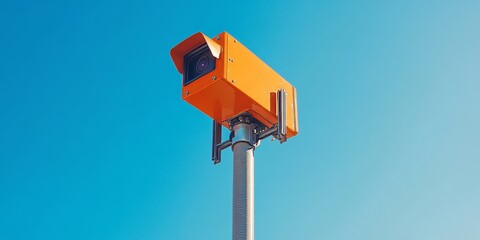 Industrial camera in bright orange mounted on a pole overlooking the street, set against a clear blue sky, showcasing the innovative design of an industrial camera in action.