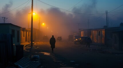 Fototapeta premium A man is slowly walking down a foggy street in the darkness of night