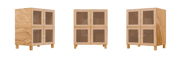 Cubical display cabinet made of white oak and glass, isolated 3D render