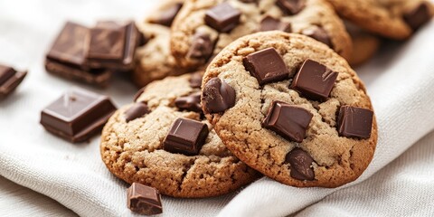 Tasty cookies featuring chocolate pieces beautifully displayed against a light fabric background, showcasing the deliciousness of these chocolate cookies in an inviting setting.